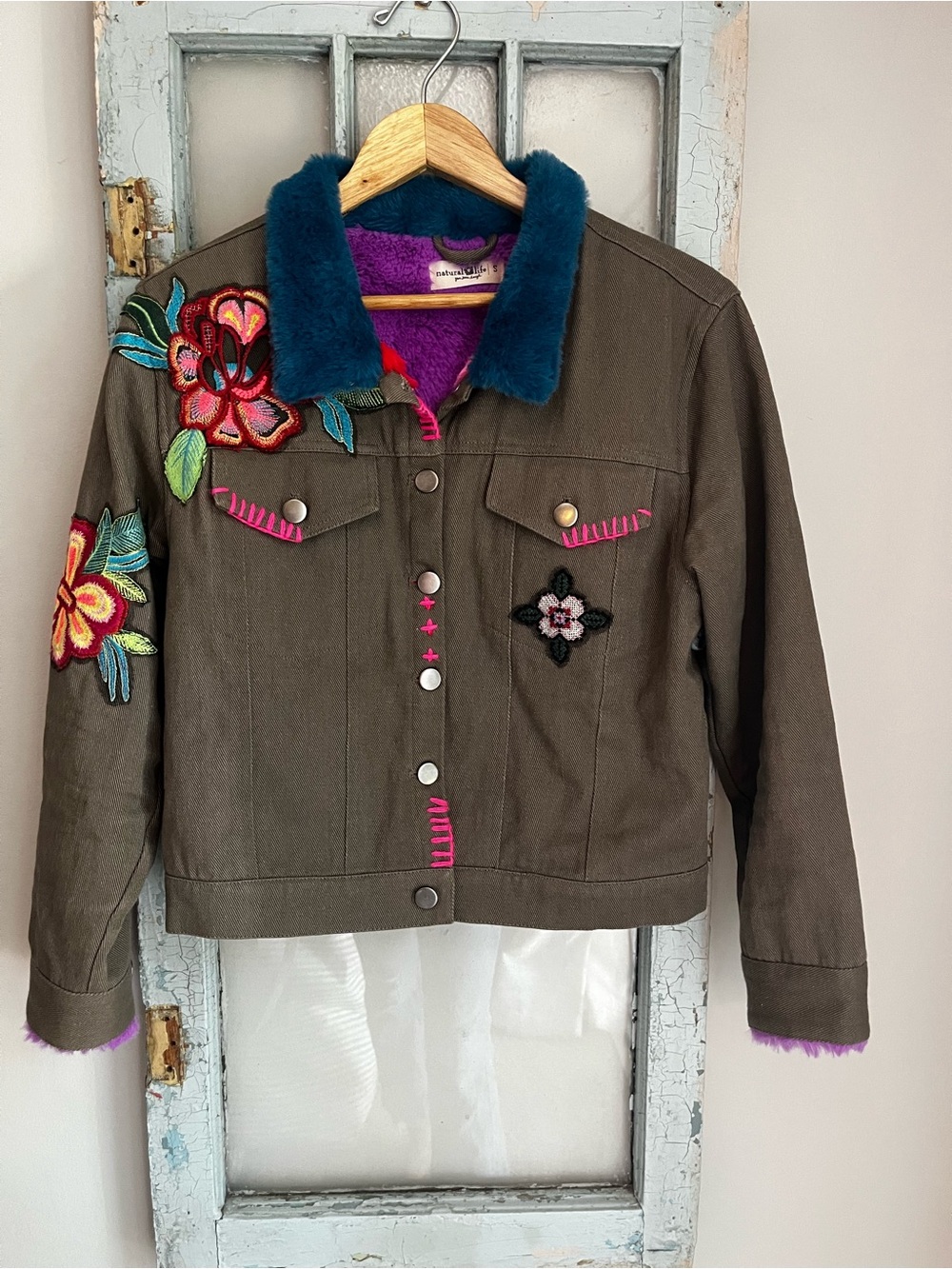 Natural life Embellished Olive Green Trucker Jacket with Teal Faux-Fur Collar